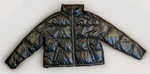Hollister Puffer Jacket Y2K Women M Black Faux Leather Cropped Shiny Bubble Coat